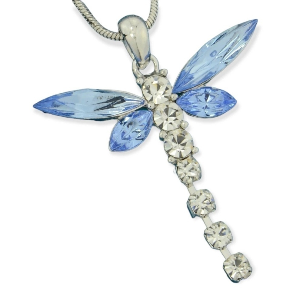 Elegant Blue and Silver Dragonfly Pendant Necklace NEW
